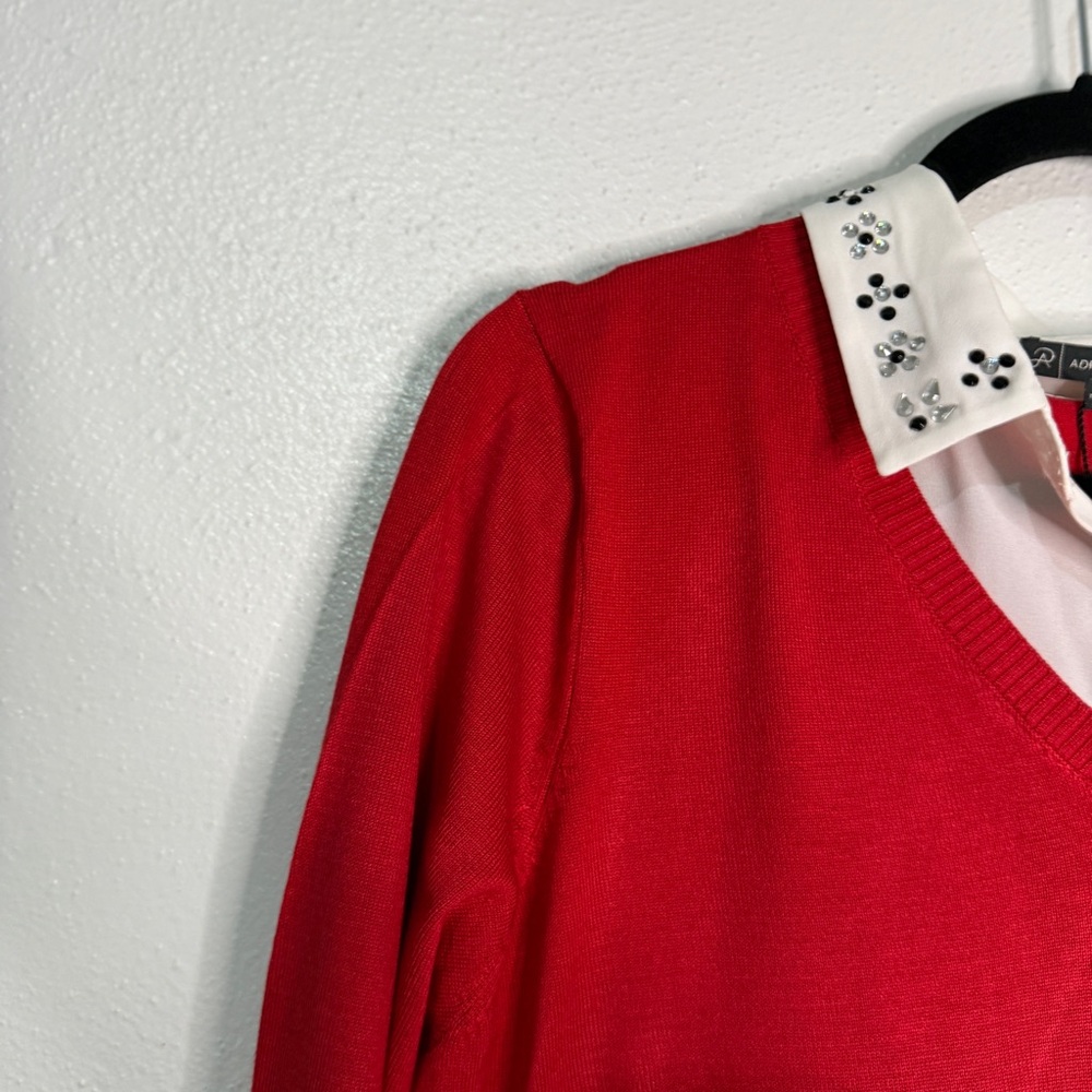Adrianna Papell Red V-Neck Layered Sweater with White Shirt Detail - Picture 3 of 9